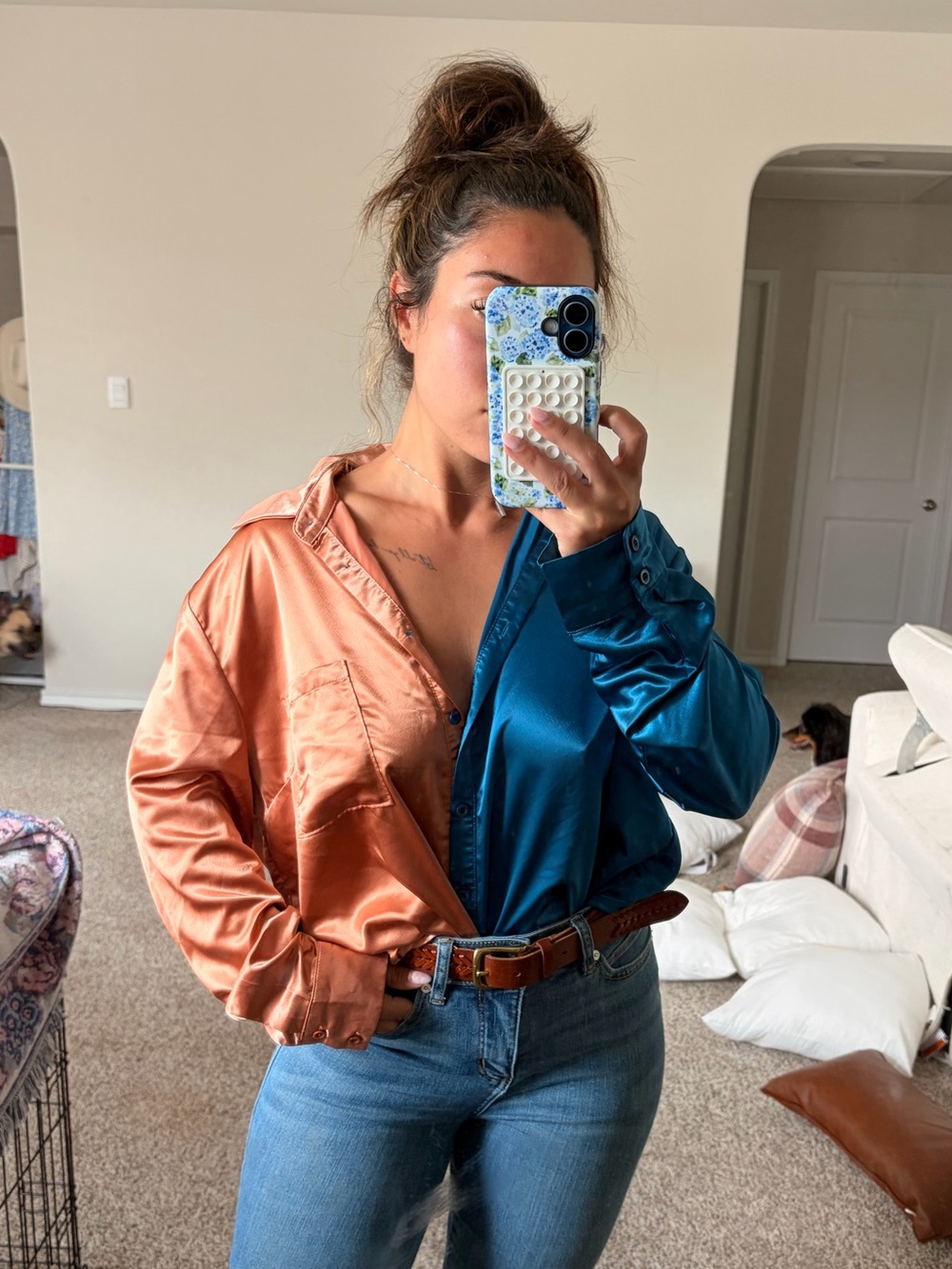 Vici Two-Tone Satin Button-Up Blouse in Teal and Copper